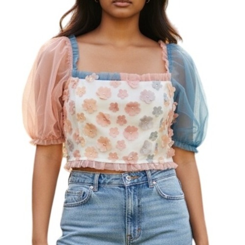STORIA Mesh Tinkerbell Crop Top Daisy Appliques NWOT Size Small